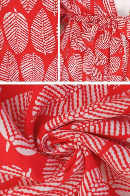 Tissu de kimono rouge avec motifs de feuilles blanches, drapé élégant et léger, idéal pour l'été