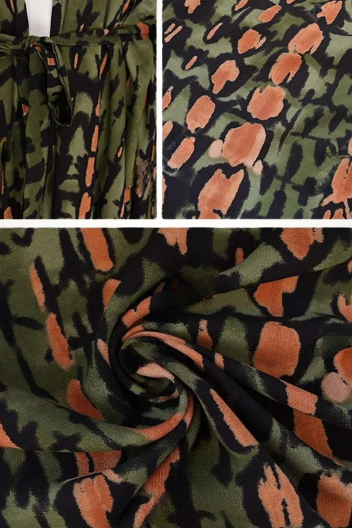 Tissu de kimono aux motifs floraux orange et noir sur fond vert, avec une texture légère et fluide
