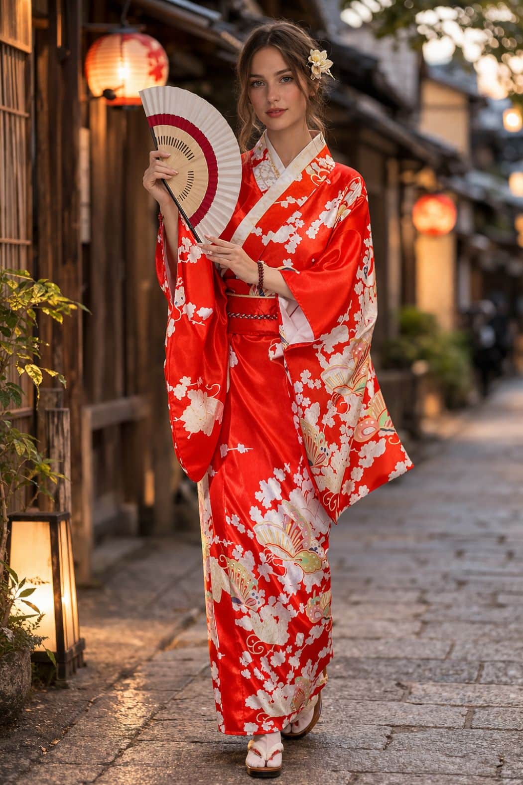 Femme en kimono rouge orné de motifs floraux, tenant un éventail, dans une ruelle traditionnelle éclairée