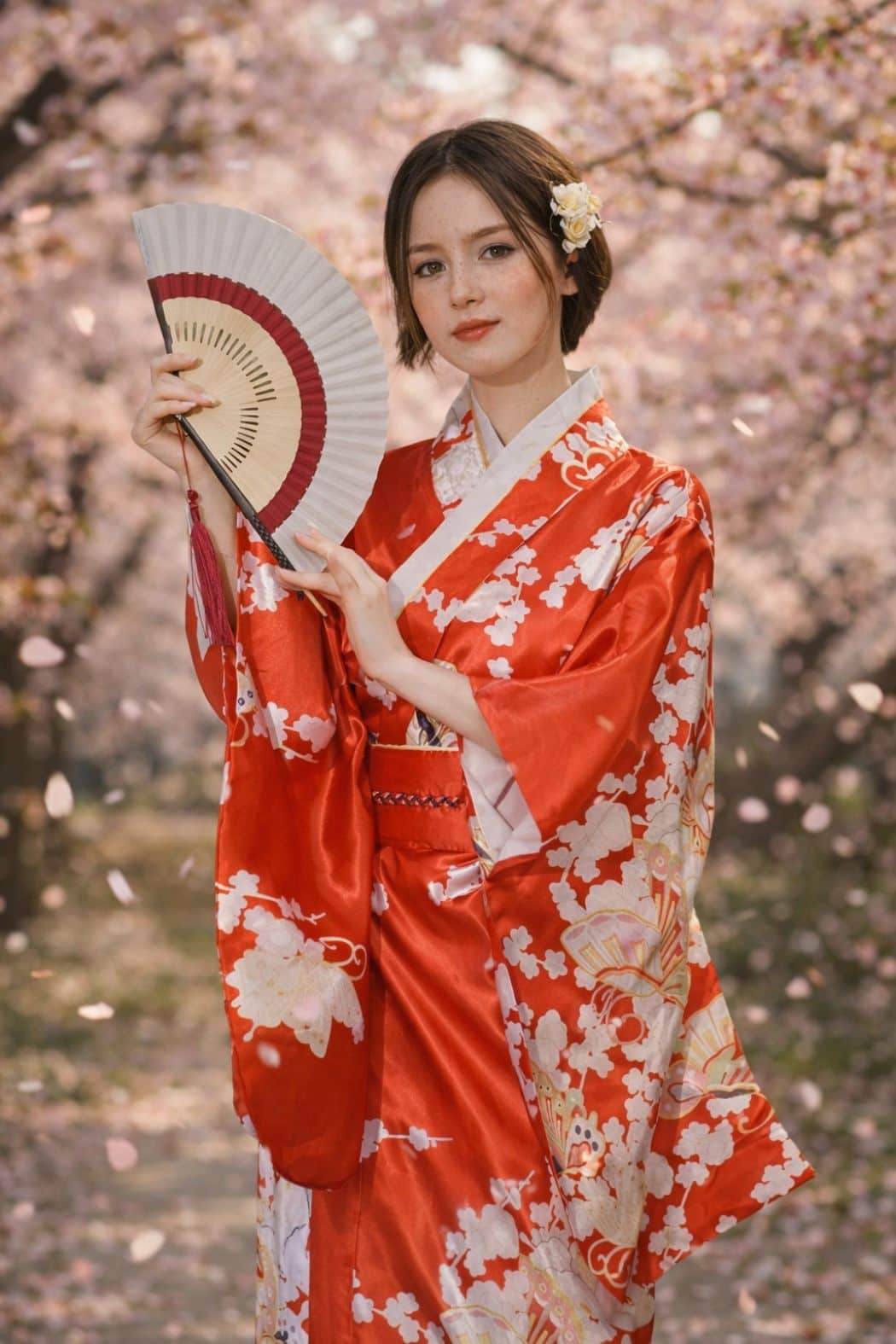 Femme en kimono rouge orné de fleurs blanches, tenant un éventail, dans un décor de cerisiers en fleurs