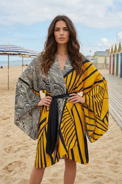 Femme portant un kimono en satin aux motifs noirs et jaunes, sur une plage avec des cabines colorées en arrière-plan