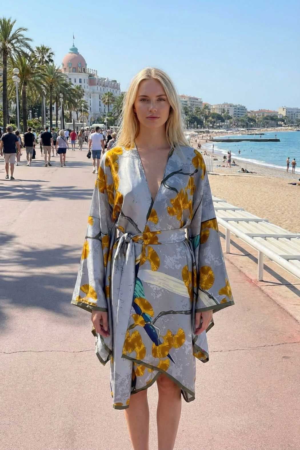 Femme en kimono gris à motifs floraux jaunes, se tenant sur une promenade ensoleillée près de la plage