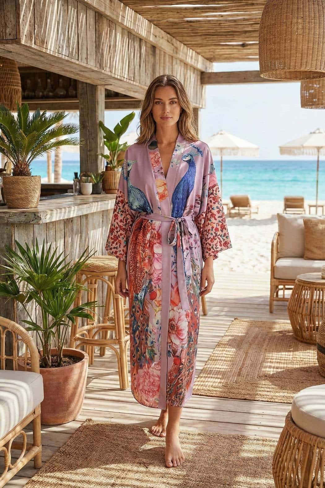 Femme en kimono satin violet orné de motifs floraux et paons, marchant sur un sol en bois au bord de