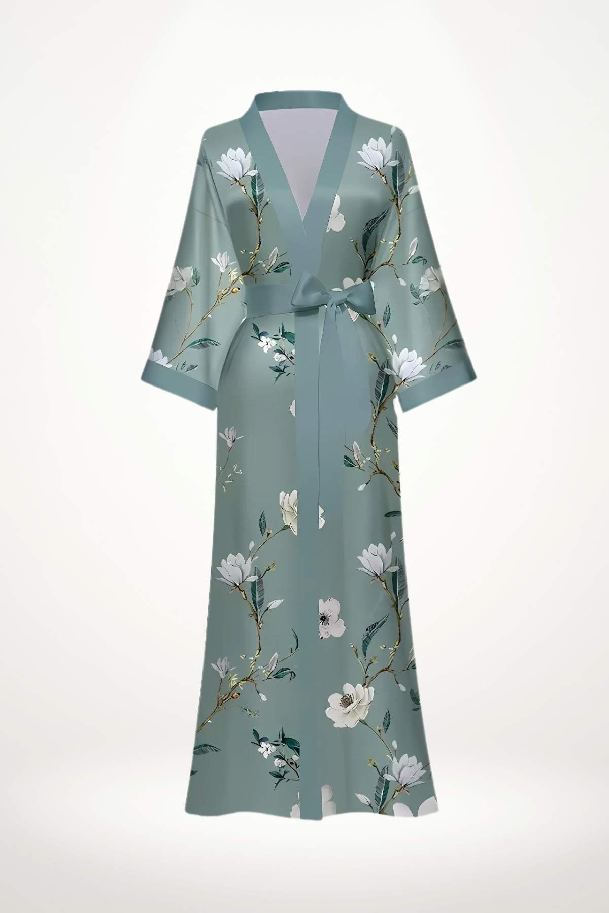 Kimono léger de couleur vert d'eau avec motifs floraux blancs et détails dorés, noué à la taille