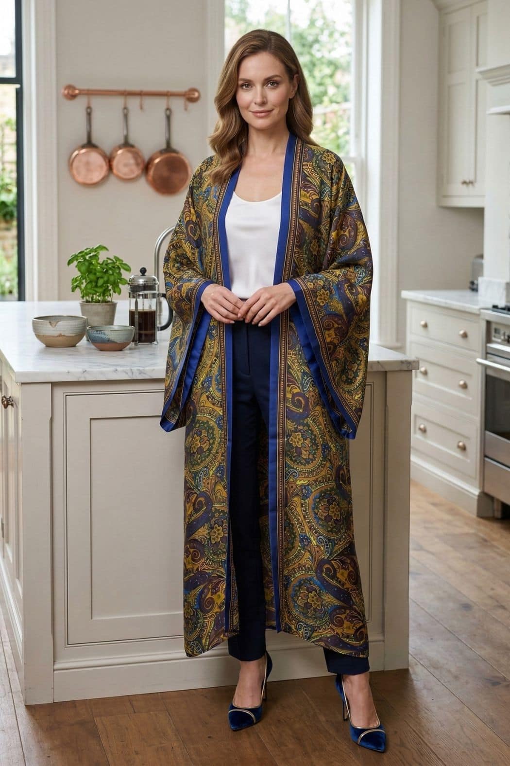 Femme portant un kimono long aux motifs colorés, avec un fond de cuisine lumineuse et moderne
