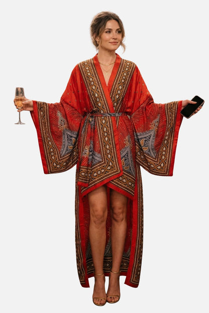Femme portant un kimono rouge en soie avec motifs tribaux, tenant un verre et un téléphone, dans un décor élégant