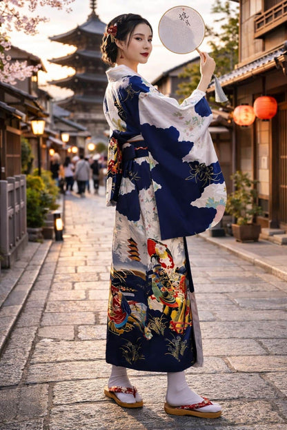 Femme en kimono bleu et blanc, décoré de motifs floraux, posant dans une rue traditionnelle japonaise