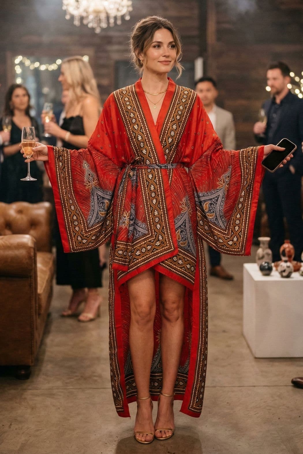 Femme en kimono rouge en soie avec motifs tribaux, se tenant dans un décor élégant avec des invités en arrière-plan