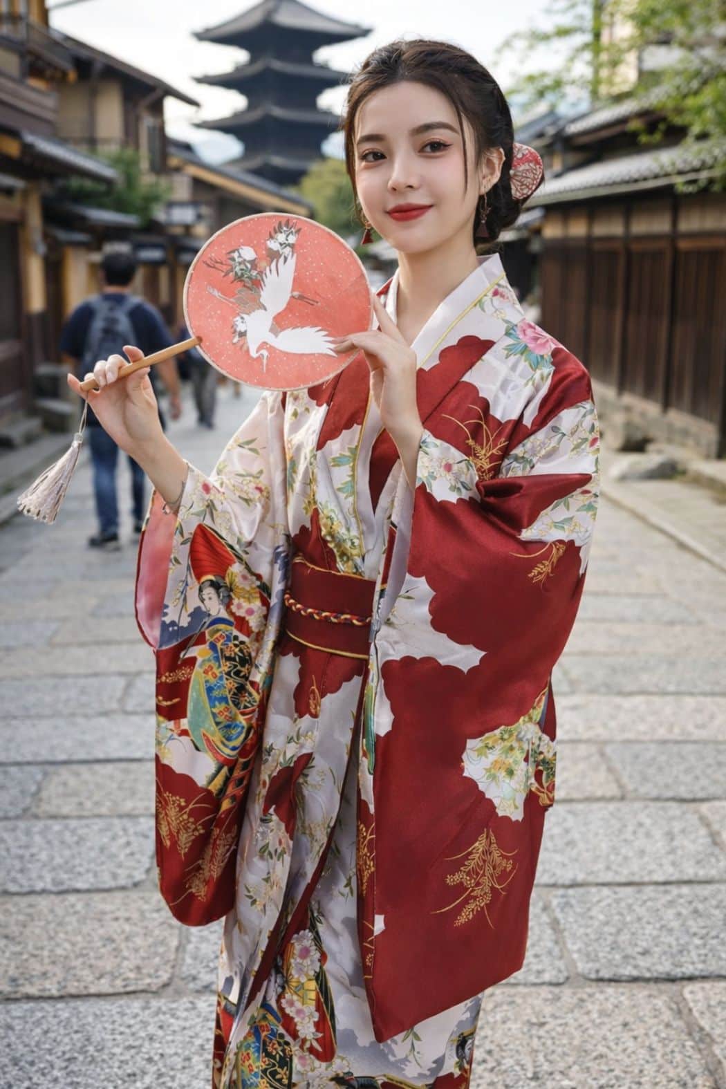 Femme en kimono rouge et blanc, tenant un éventail, dans une rue traditionnelle avec un temple en arrière-plan