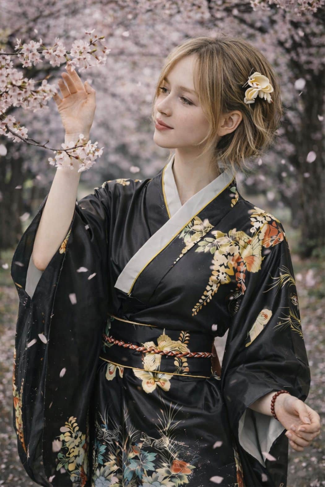 Femme en kimono noir orné de motifs floraux, se tenant sous des cerisiers en fleurs, avec des pétales tombant autour