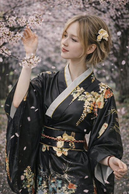 Femme en kimono noir orné de motifs floraux, se tenant sous des cerisiers en fleurs, avec des pétales tombant autour