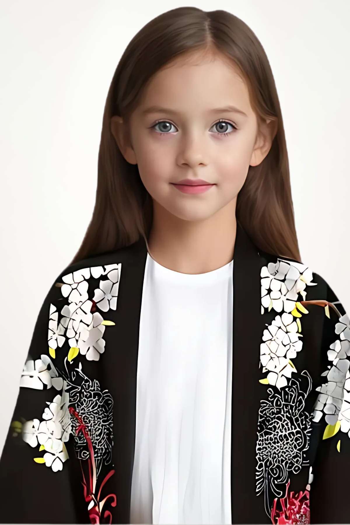 kimono fille noir motif floral blanc et rouge pour tenue japonaise élégante