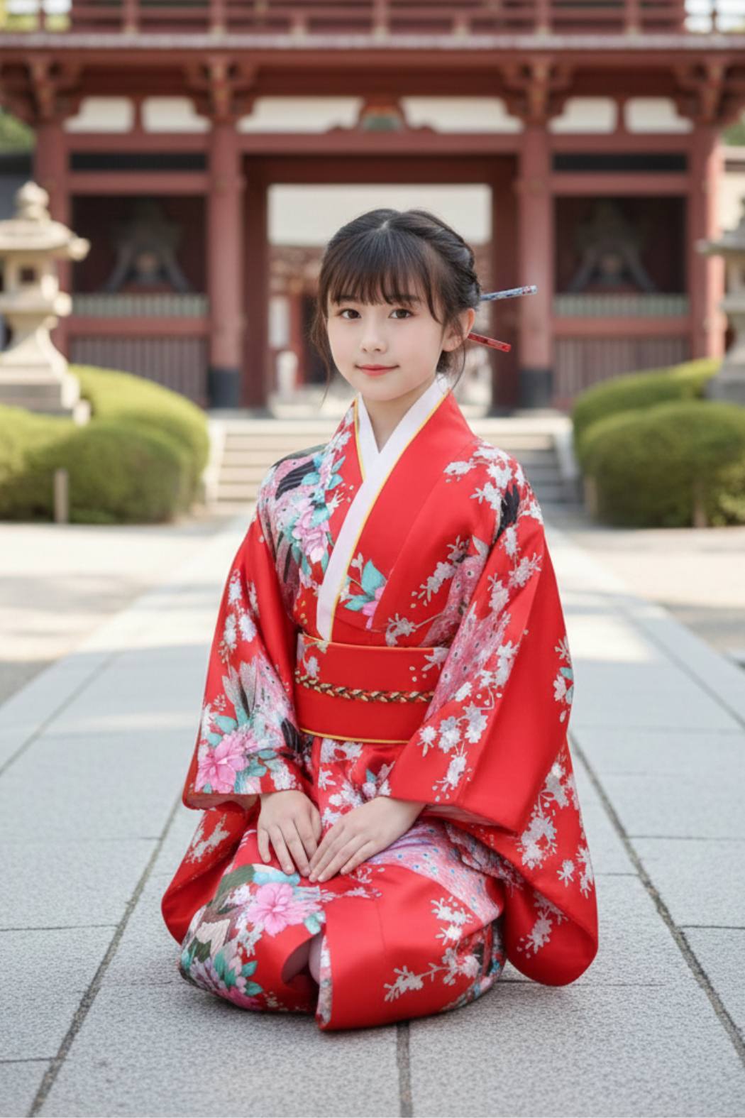 Fille en kimono rouge vif orné de motifs floraux, posant avec élégance avec un temple japonais en arrière plan