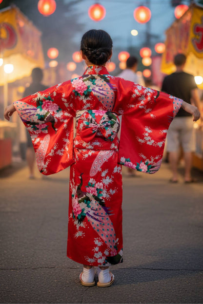 Fille se tenant de dos portant un kimono rouge vif orné de fleurs roses et de motifs colorés, bras écartés dans un décor festif 