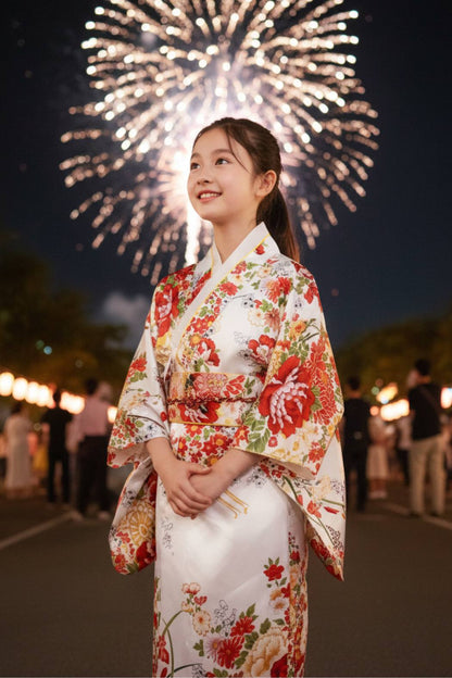 Fillette souriante portant un kimono blanc orné de fleurs rouges et jaunes, avec des manches larges et des sandales assistant à un feu d'artifice