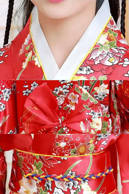 kimono fille satin brillant rouge imprimé floral avec ceinture obi intégrée