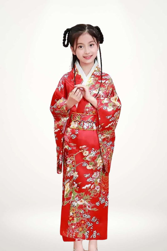 kimono fille satin brillant rouge imprimé floral avec ceinture obi intégrée