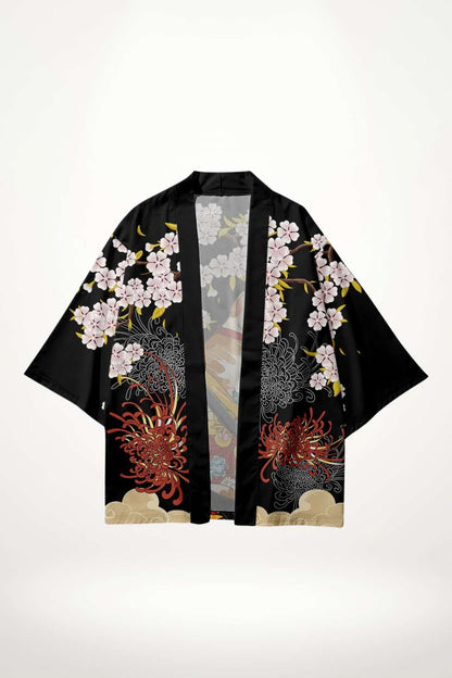 Kimono noir avec motifs floraux roses et rouges, offrant un style japonais élégant et confortable