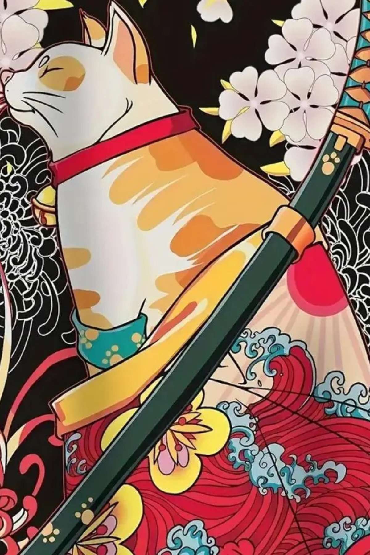 Un chat stylisé avec un collier rouge pose majestueusement devant un décor coloré de fleurs et de vagues