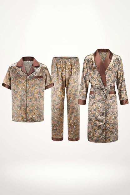 Ensemble de vêtements en satin avec motifs colorés, comprenant une chemise, un pantalon et un kimono élégant