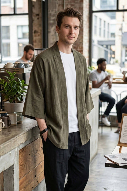 Homme portant un kimono moderne olive avec un t-shirt blanc, debout dans un café au décor industriel