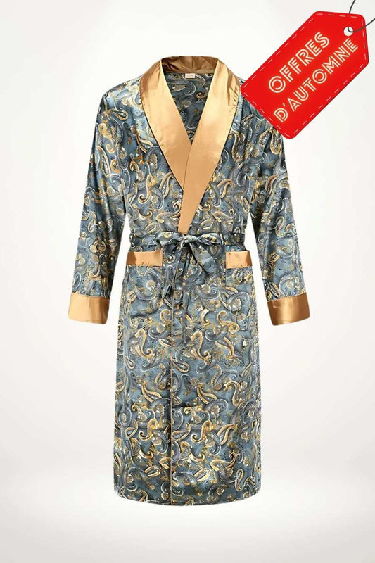 Kimono pour homme en satin bleu avec motifs dorés et ceinture assortie, style élégant et raffiné