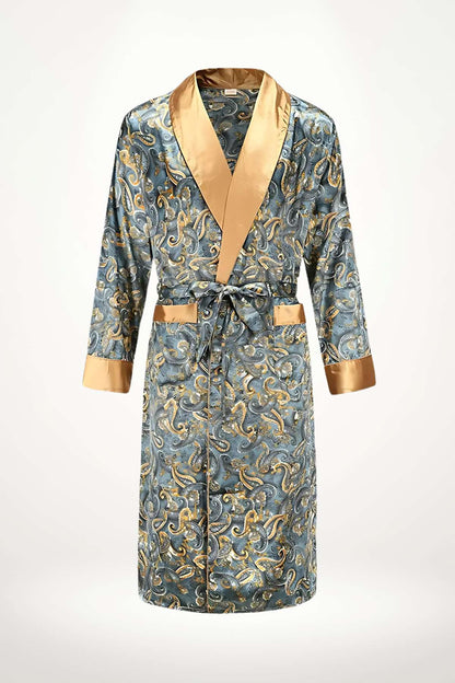 Kimono pour homme en satin bleu avec motifs dorés et ceinture assortie, style élégant et raffiné