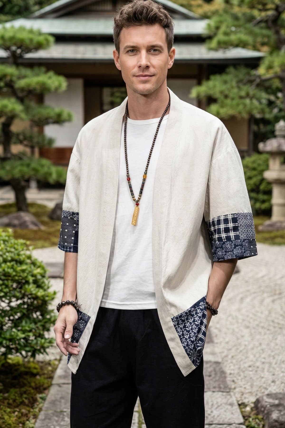 Homme portant un kimono beige avec des manches à motifs bleus, dans un jardin japonais verdoyant