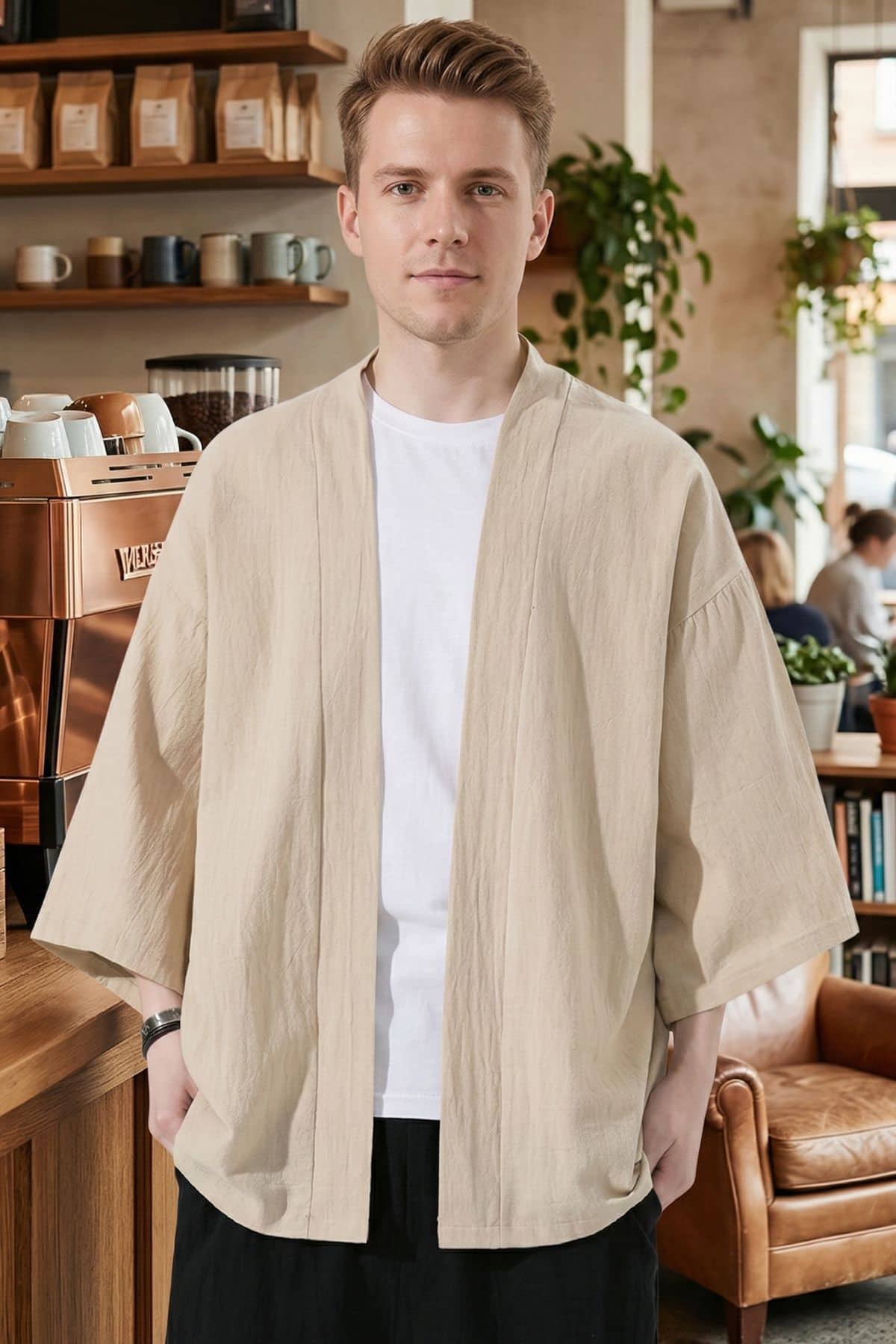 Homme portant un kimono beige, avec un t-shirt blanc, dans un café au décor moderne et chaleureux