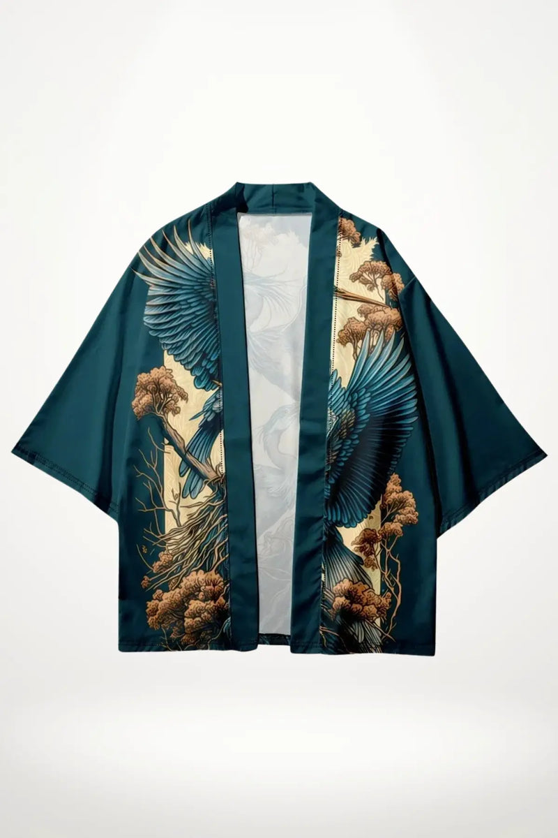 Kimono japonais en satin vert émeraude avec motifs de phénix et éléments floraux dorés sur les manches