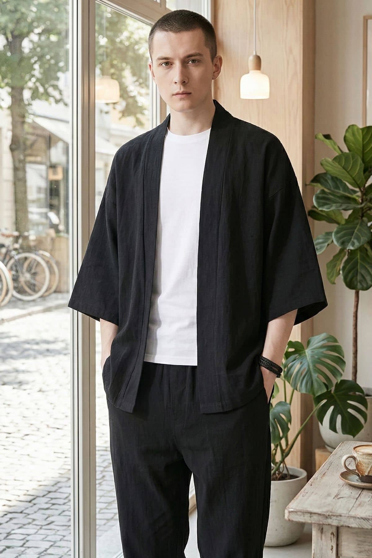 Homme en kimono noir élégant, debout près d'une fenêtre avec des plantes et un décor moderne en bois
