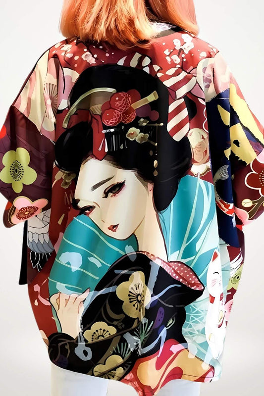 Veste kimono femme imprimé geisha avec fleurs de prunier et maneki-neko, tons rouge, vert et or, coupe légère one-size
