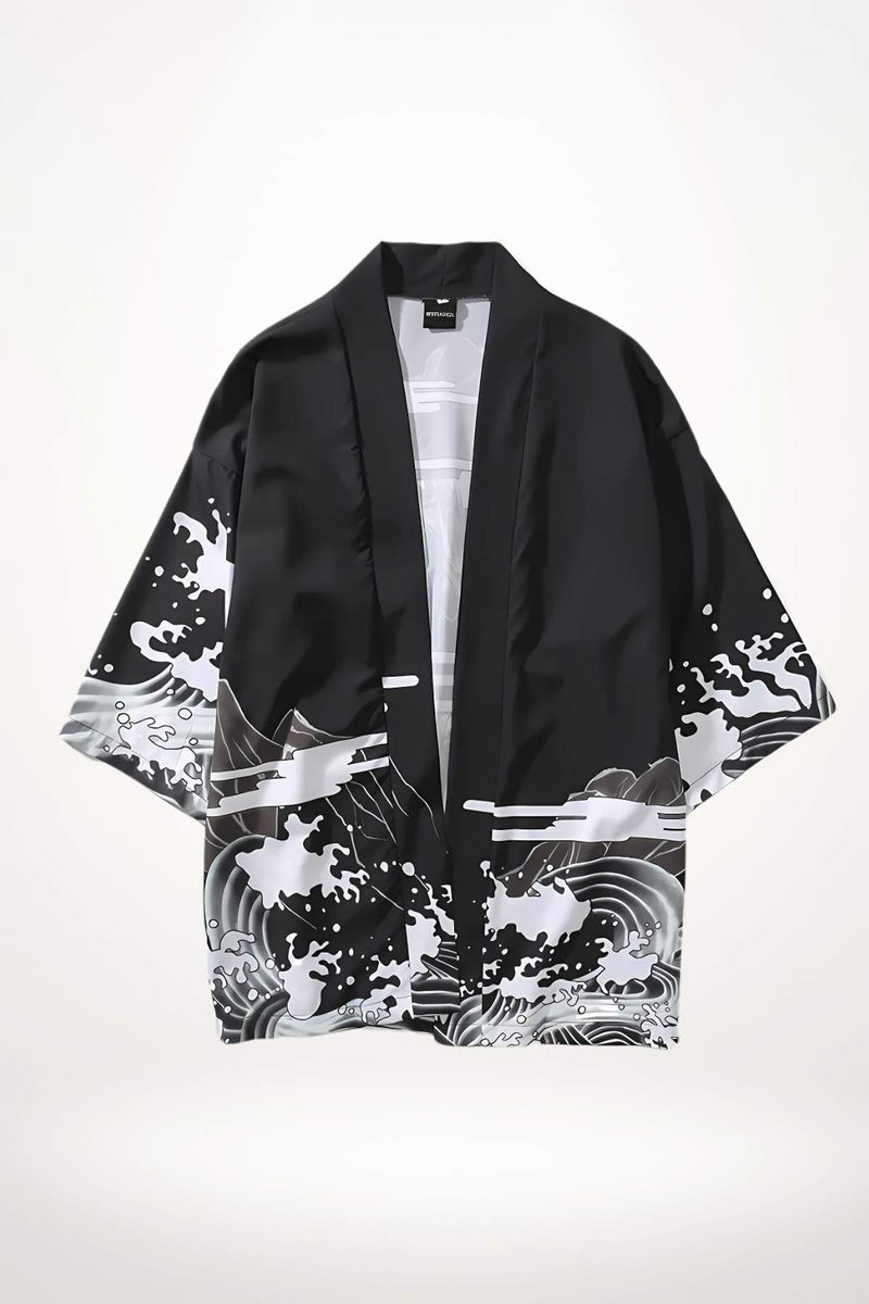 Kimono léger noir avec motifs de vagues blanches et grises, au style japonais, drapé et fluide