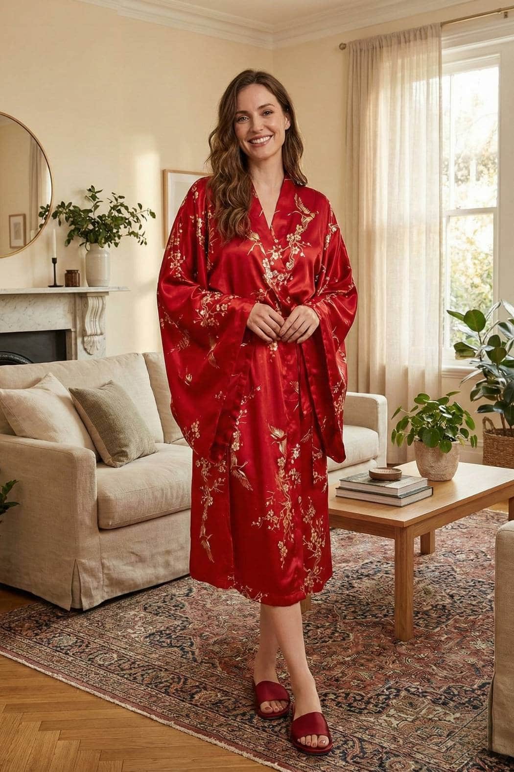 Femme souriante portant un kimono rouge en satin avec des motifs floraux, dans un salon lumineux et élégant