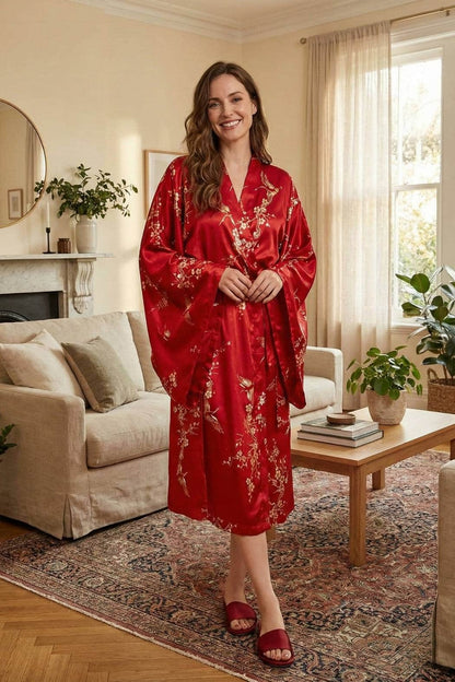 Femme souriante portant un kimono rouge en satin avec des motifs floraux, dans un salon lumineux et élégant