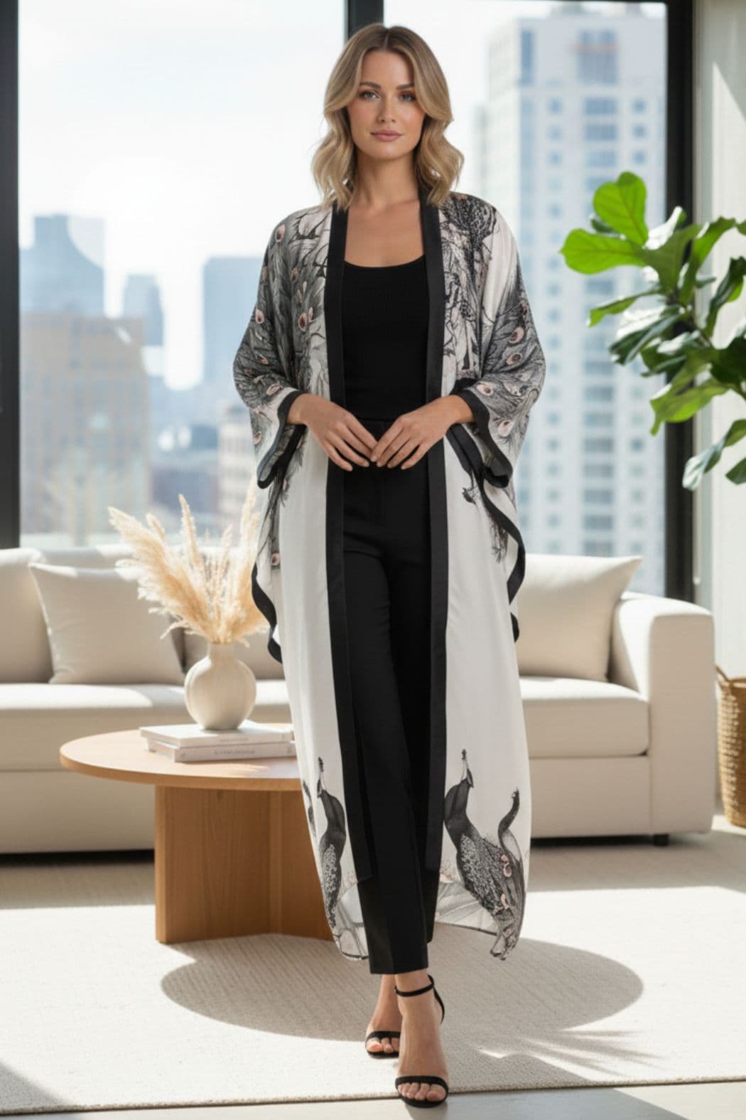 Femme portant un kimono long blanc avec des motifs de grues, dans un décor moderne et lumineux