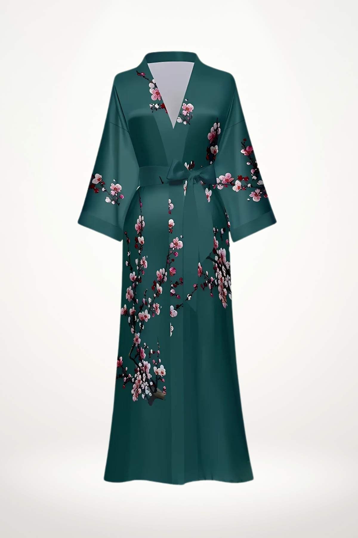 Kimono long en satin vert avec motifs floraux roses, élégant et raffiné, drapé fluide et ceinture nouée