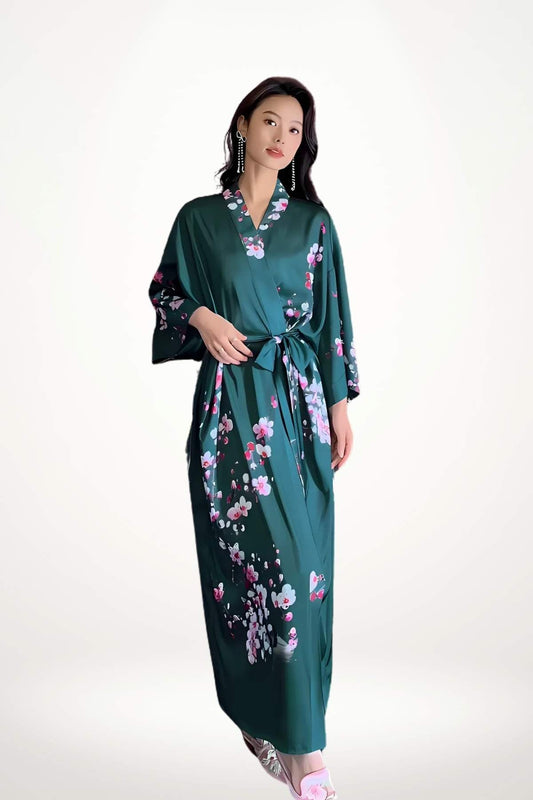 kimono luxe femme satin vert profond motif fleurs de cerisier rose taille unique  
