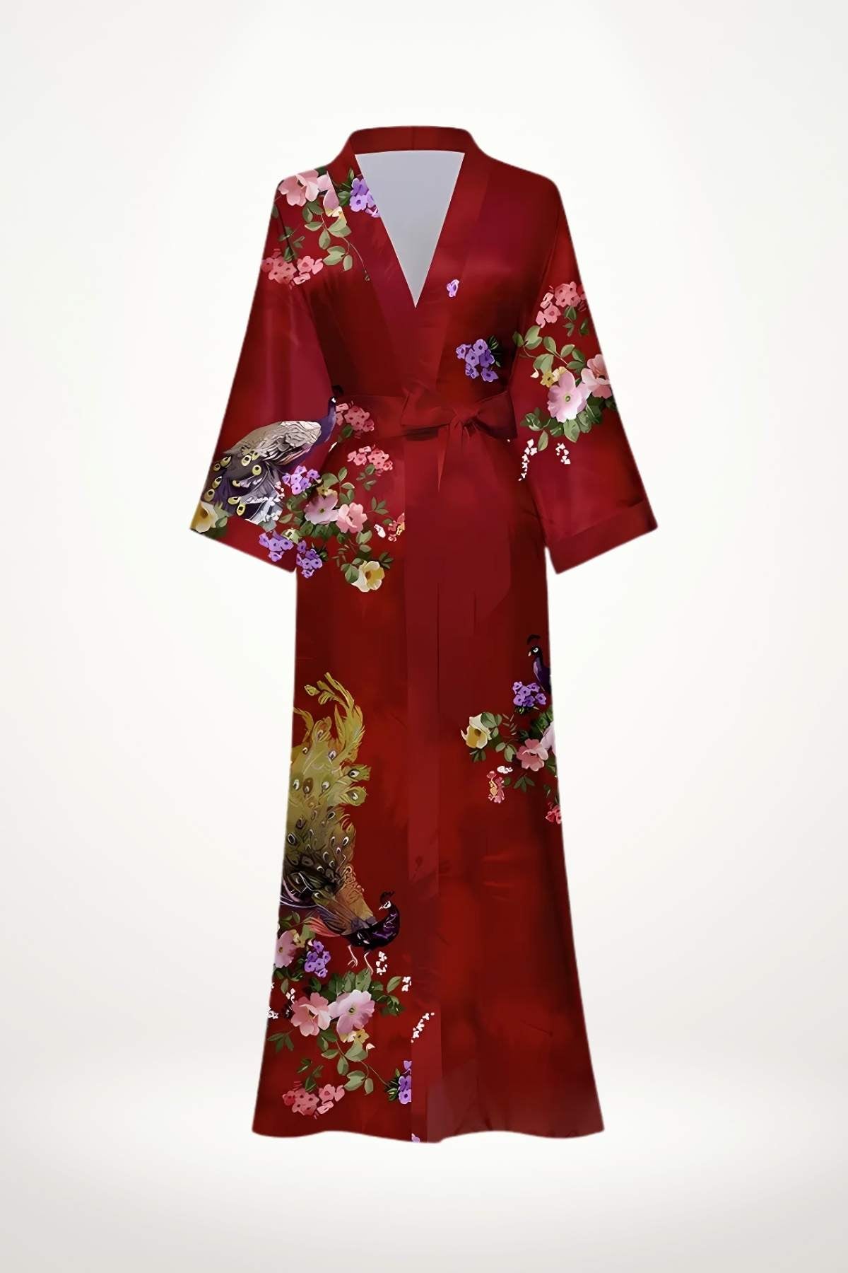 Kimono long en satin rouge avec motifs floraux colorés et un motif de paon, élégant et fluide