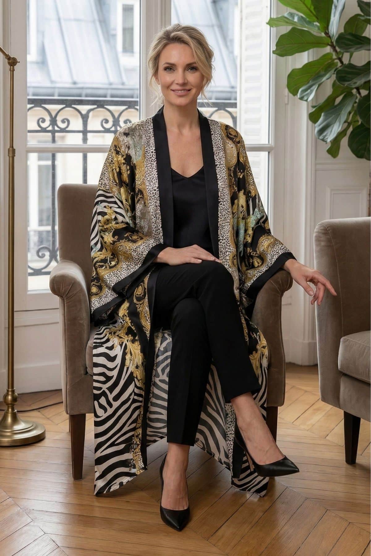 Femme assise dans un kimono long aux motifs dorés et zébrés, sur un fauteuil en velours dans un décor lumineux