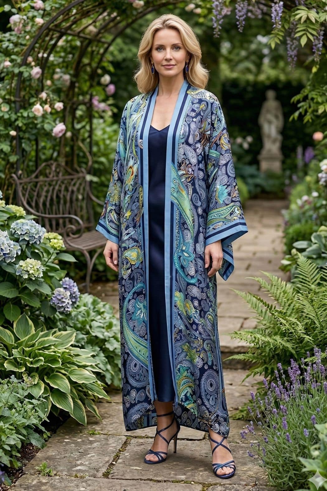 Femme portant un long kimono aux motifs colorés, se tenant dans un jardin fleuri avec des plantes luxuriantes