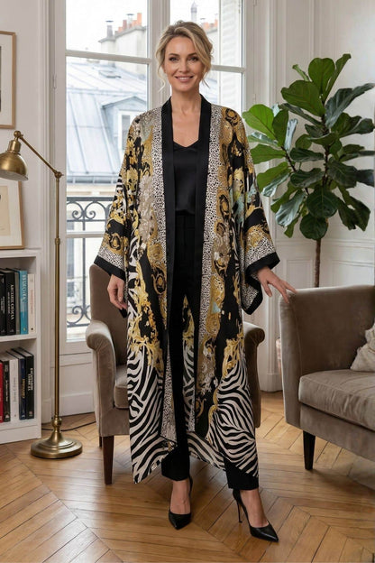 Femme souriante portant un kimono long noir à motifs dorés et zébrés, dans un décor élégant avec des plantes