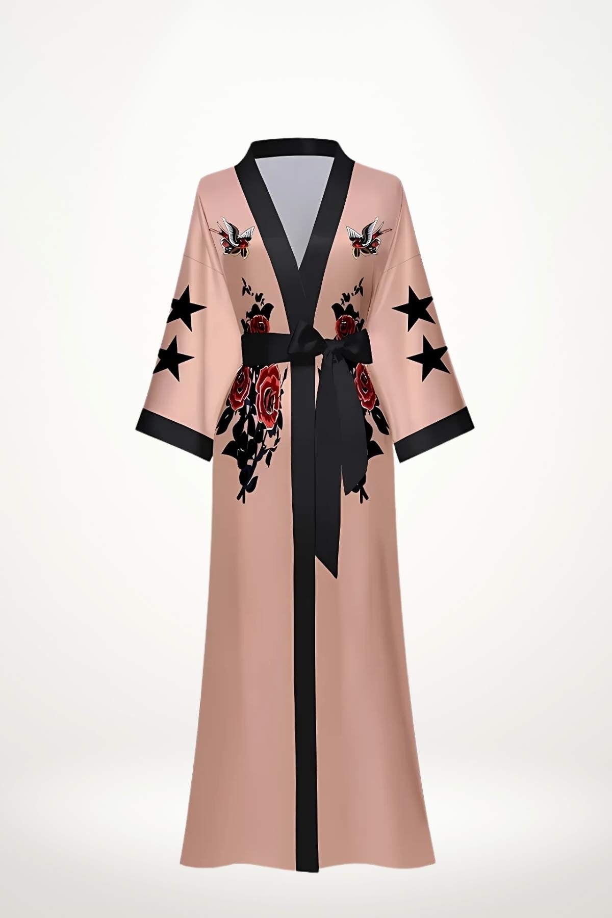 kimono luxe femme satin rose poudré motif tattoo roses rouges lettering noir taille unique  
