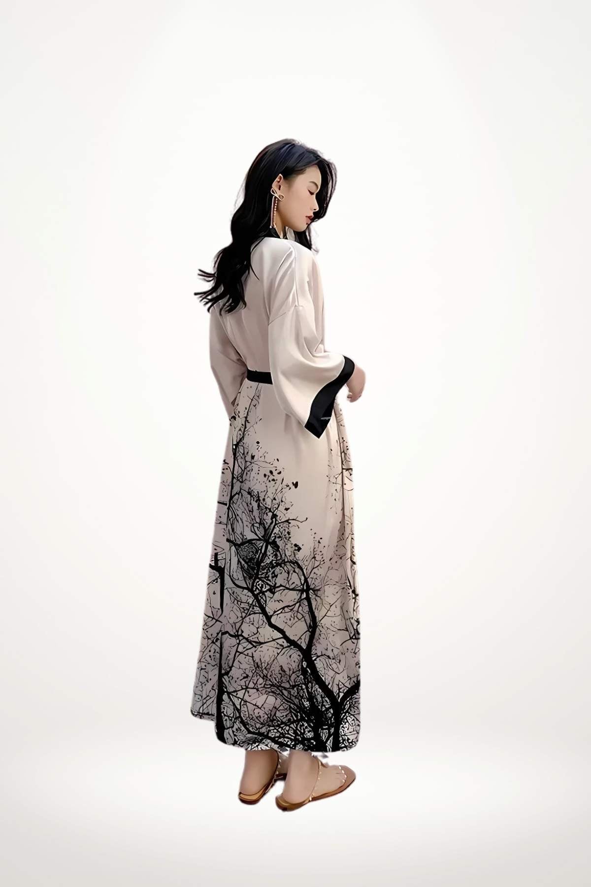 Une femme porte un kimono long en satin beige avec des motifs noirs de branches, dans une posture élégante