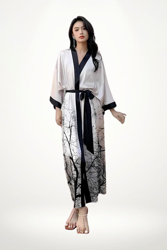 kimono luxe femme satin beige motif branches arbres noir style fluide long