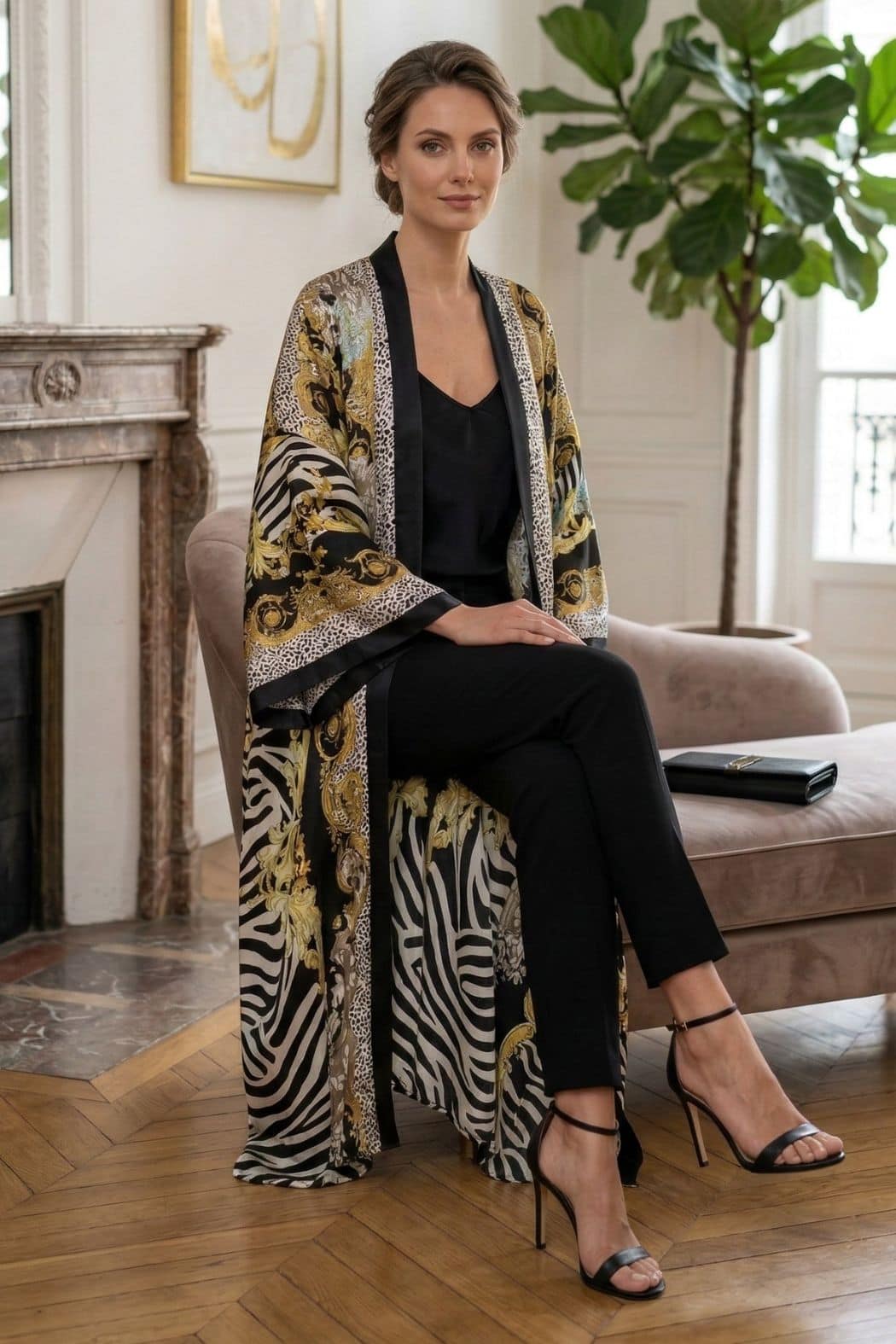 Femme assise sur un canapé, portant un kimono aux motifs animaliers et dorés, dans un décor élégant et lumineux