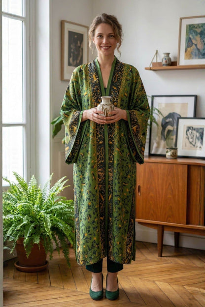Femme souriante en kimono long vert avec motifs floraux, se tenant devant une plante dans un intérieur lumineux