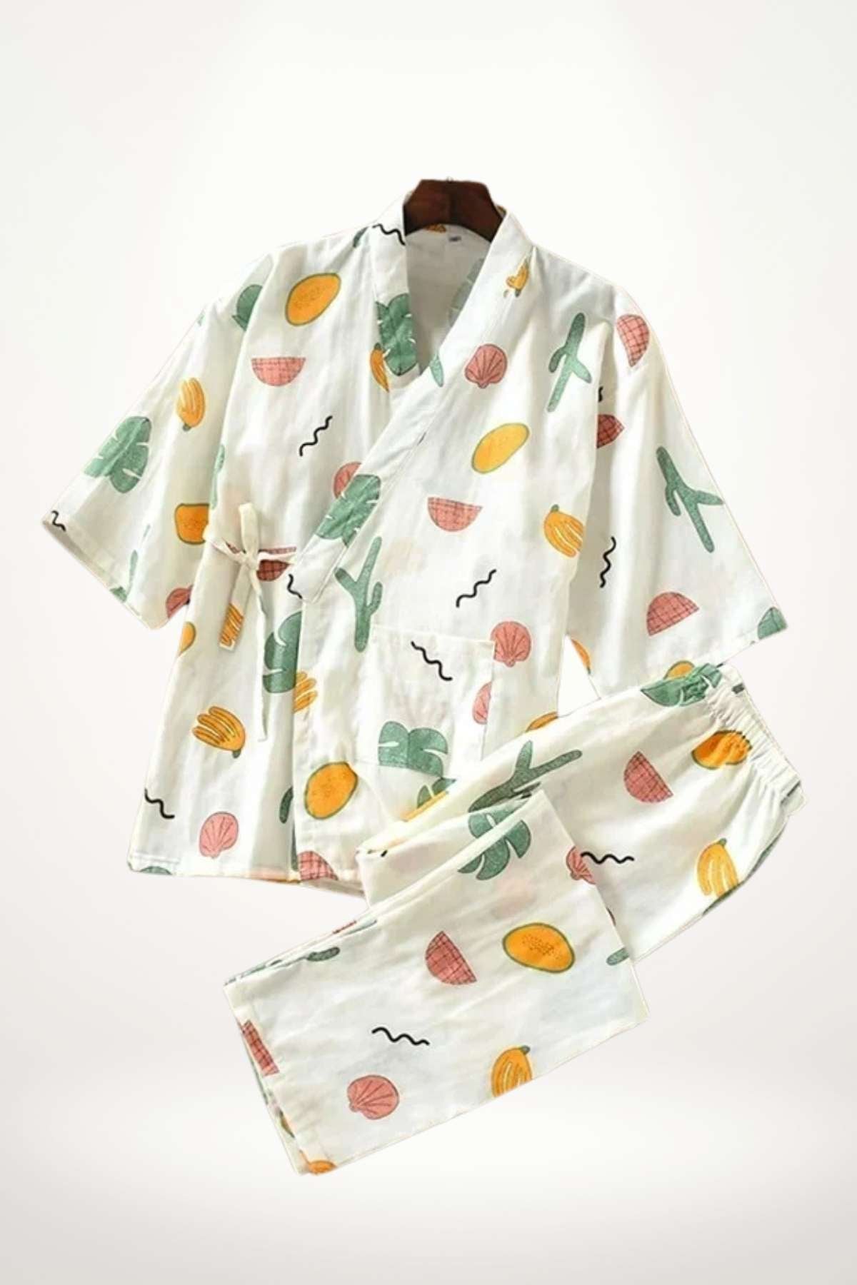 kimono pyjama femme coton manches courtes à motifs tropicaux, vêtement d’intérieur léger et estival pour confort doux et style décontracté