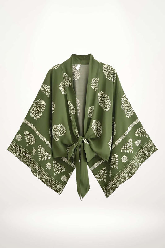 kimono manche courte femme en coton vert olive à motifs écrus, coupe nouée style bohème chic et léger