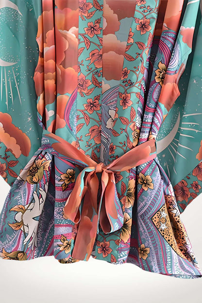 Kimono mi-long en tissu léger, motifs floraux colorés sur fond turquoise, ceinture en satin rose, ambiance bohème